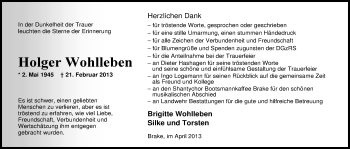 Traueranzeige von Holger Wohlleben von Nordwest-Zeitung