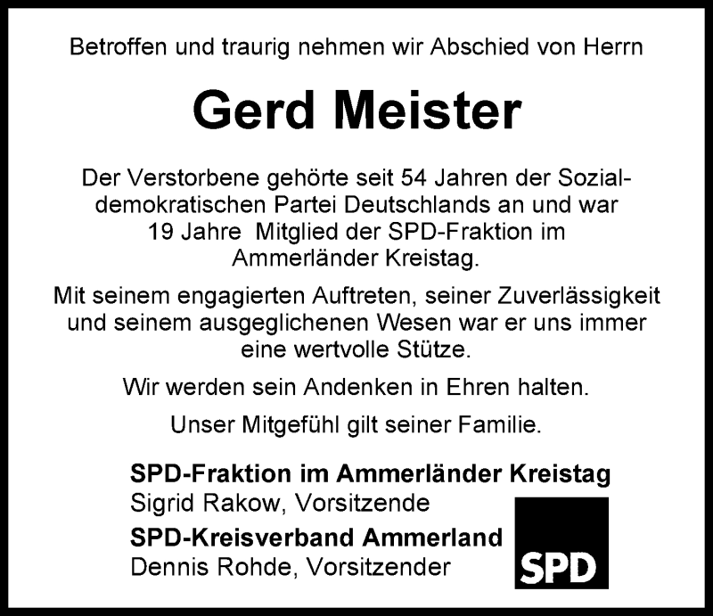  Traueranzeige für Gerd Meister vom 03.04.2013 aus Nordwest-Zeitung