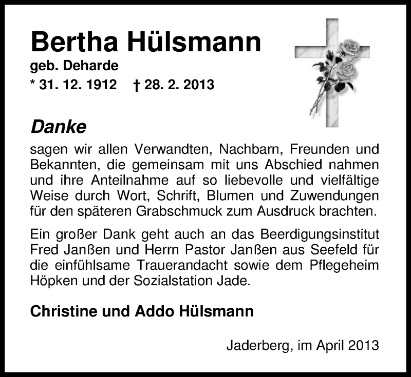  Traueranzeige für Bertha Hülsmann vom 06.04.2013 aus Nordwest-Zeitung