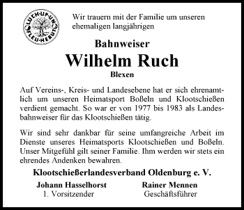 Traueranzeige von Wilhelm Ruch von Nordwest-Zeitung