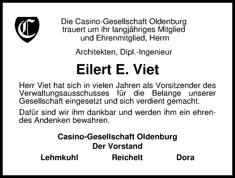  Traueranzeige für Eilert Erich Viet vom 09.04.2013 aus Nordwest-Zeitung