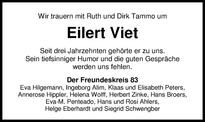  Traueranzeige für Eilert Erich Viet vom 09.04.2013 aus Nordwest-Zeitung
