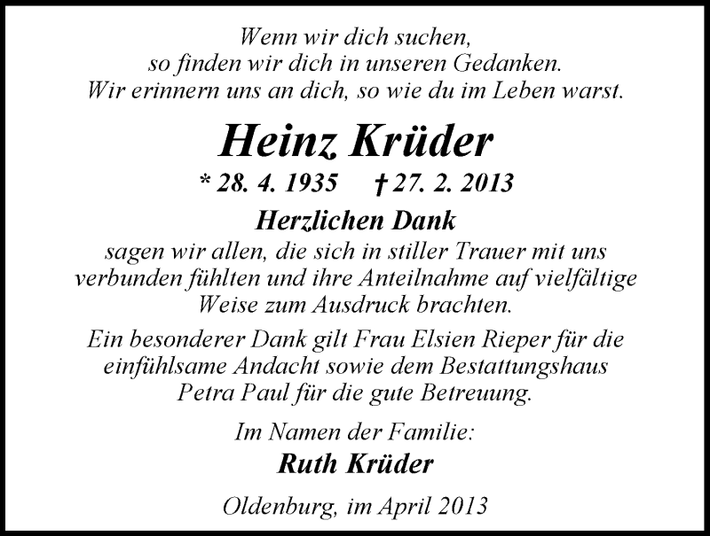  Traueranzeige für Heinz Krüder vom 13.04.2013 aus Nordwest-Zeitung