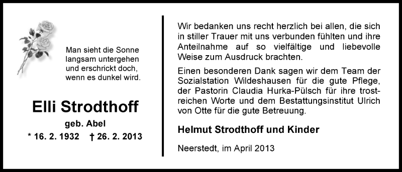  Traueranzeige für Elli Strodthoff vom 13.04.2013 aus Nordwest-Zeitung