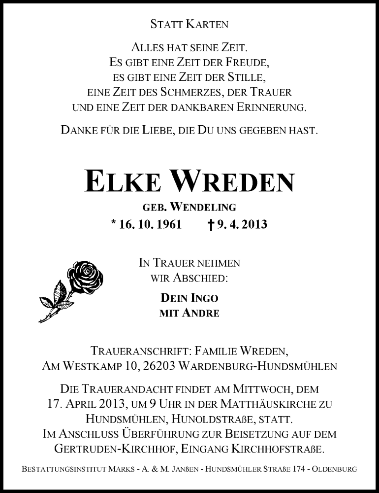 Traueranzeige für Elke Wreden vom 12.04.2013 aus Nordwest-Zeitung