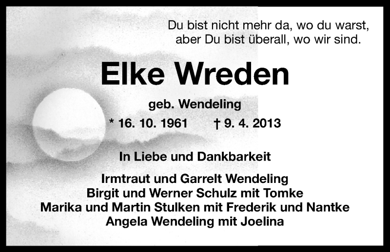  Traueranzeige für Elke Wreden vom 13.04.2013 aus Nordwest-Zeitung