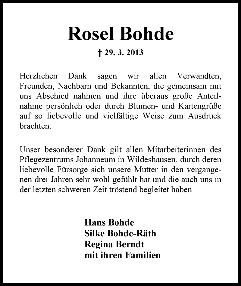  Traueranzeige für Rosel Bohde vom 17.04.2013 aus Nordwest-Zeitung