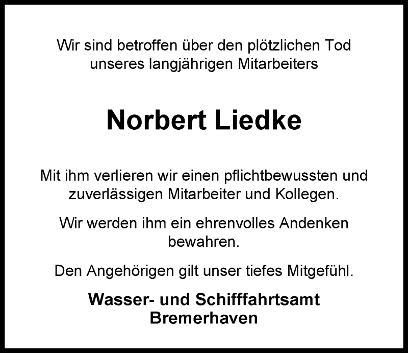  Traueranzeige für Norbert Liedke vom 18.04.2013 aus Nordwest-Zeitung