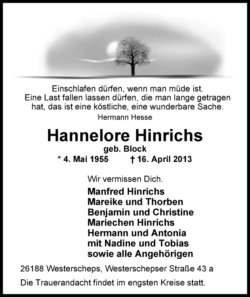  Traueranzeige für Hannelore Hinrichs vom 17.04.2013 aus Nordwest-Zeitung