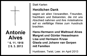 Traueranzeige von Antonie Alves von Nordwest-Zeitung