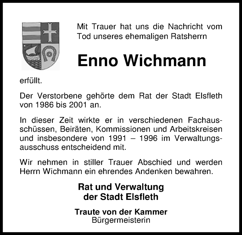  Traueranzeige für Enno Wichmann vom 20.04.2013 aus Nordwest-Zeitung