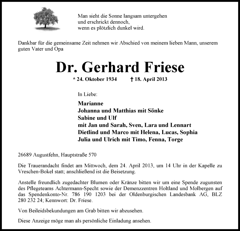  Traueranzeige für Gerhard Friese vom 20.04.2013 aus Nordwest-Zeitung