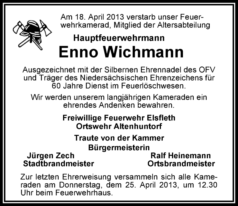  Traueranzeige für Enno Wichmann vom 20.04.2013 aus Nordwest-Zeitung