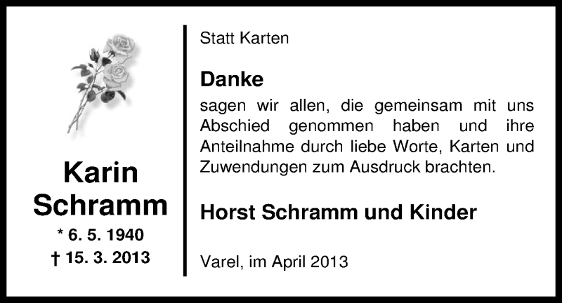  Traueranzeige für Karin Schramm vom 30.04.2013 aus Nordwest-Zeitung