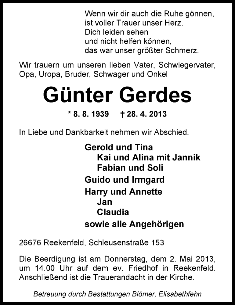  Traueranzeige für Günter Gerdes vom 30.04.2013 aus Nordwest-Zeitung