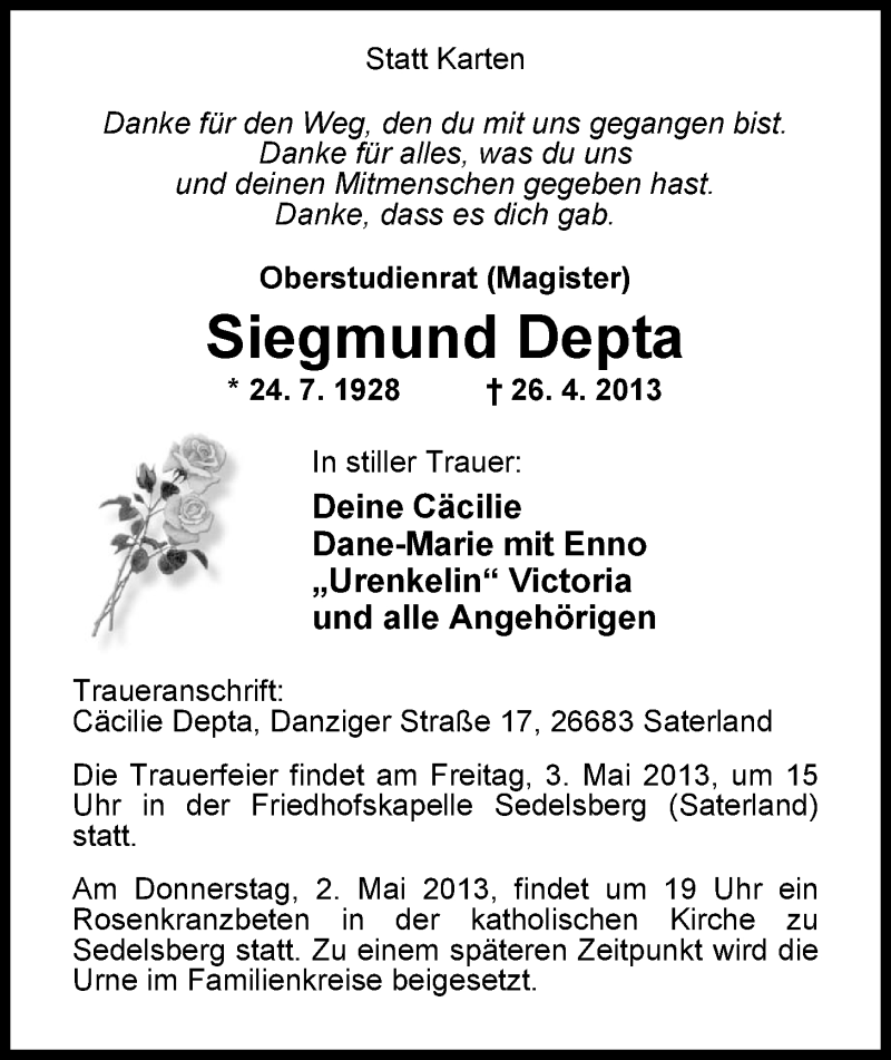  Traueranzeige für Siegmund Depta vom 30.04.2013 aus Nordwest-Zeitung