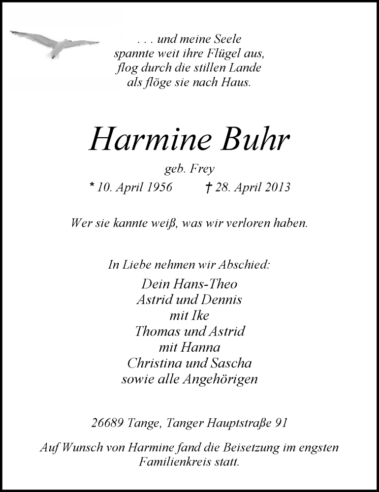  Traueranzeige für Harmine Buhr vom 04.05.2013 aus Nordwest-Zeitung