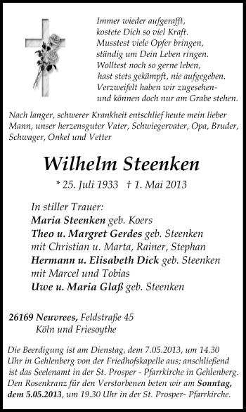 Traueranzeige von Wilhelm Steenken von Nordwest-Zeitung