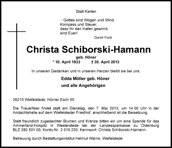 Traueranzeige von Christa Schiborski-Hamann von Nordwest-Zeitung