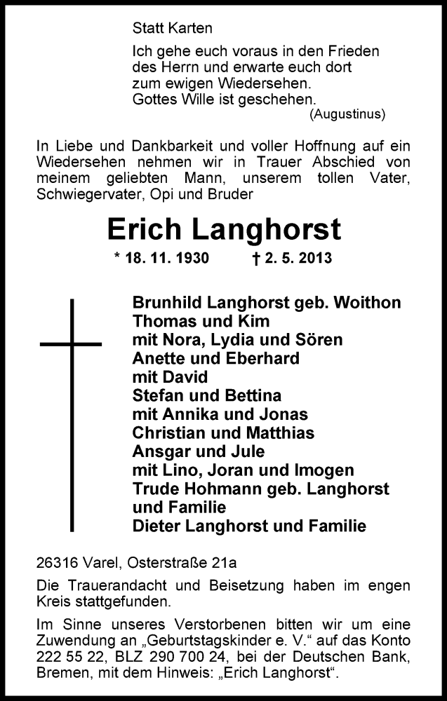  Traueranzeige für Erich Langhorst vom 10.05.2013 aus Nordwest-Zeitung