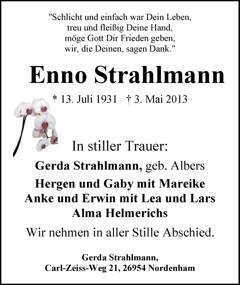  Traueranzeige für Enno Strahlmann vom 07.05.2013 aus Nordwest-Zeitung