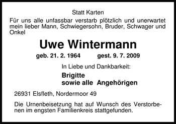 Traueranzeige von Uwe Wintermann von Nordwest-Zeitung