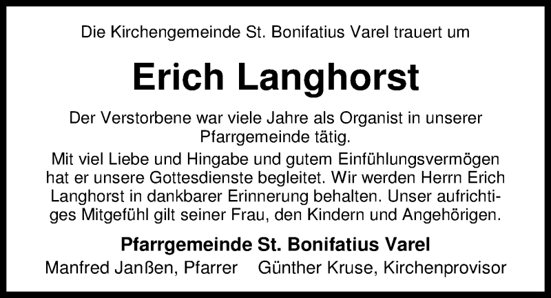  Traueranzeige für Erich Langhorst vom 10.05.2013 aus Nordwest-Zeitung