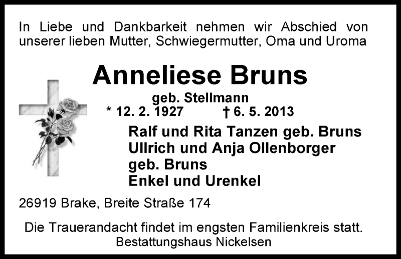  Traueranzeige für Anneliese Bruns vom 10.05.2013 aus Nordwest-Zeitung