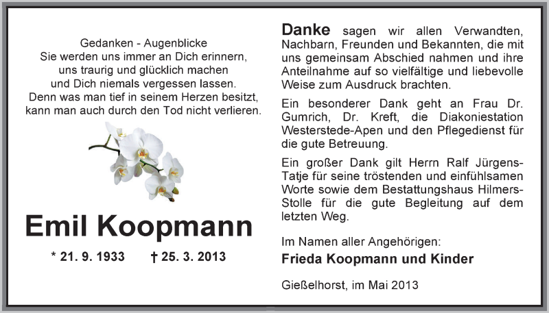  Traueranzeige für Emil Koopmann vom 11.05.2013 aus Nordwest-Zeitung