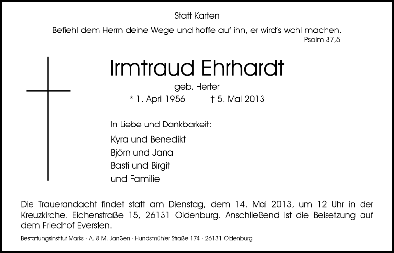  Traueranzeige für Irmtraud Ehrhardt vom 10.05.2013 aus Nordwest-Zeitung