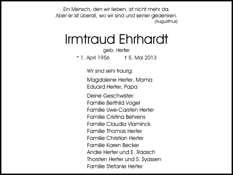  Traueranzeige für Irmtraud Ehrhardt vom 10.05.2013 aus Nordwest-Zeitung