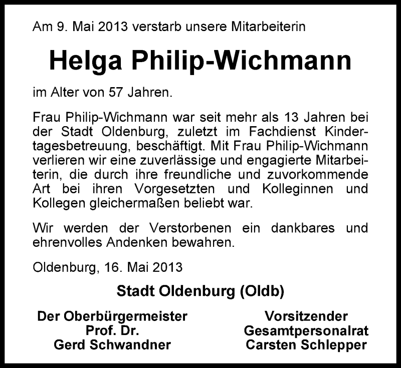  Traueranzeige für Helga Wilhelmine Wichmann vom 16.05.2013 aus Nordwest-Zeitung