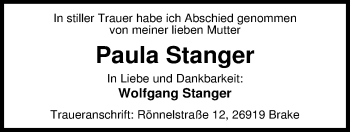 Traueranzeige von Paula Stanger von Nordwest-Zeitung