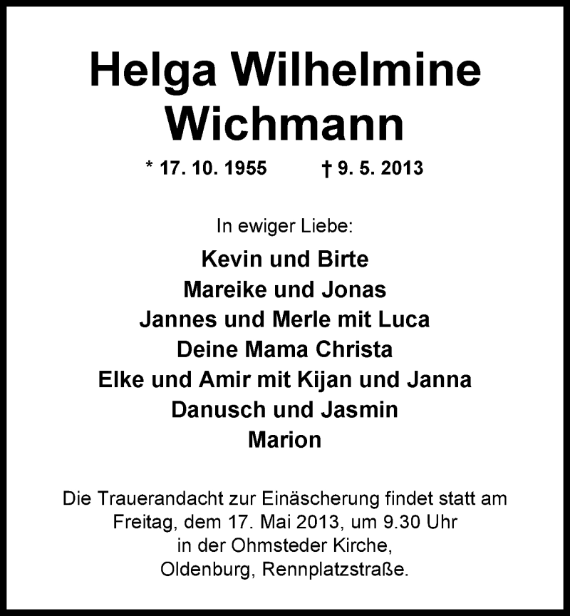  Traueranzeige für Helga Wilhelmine Wichmann vom 16.05.2013 aus Nordwest-Zeitung