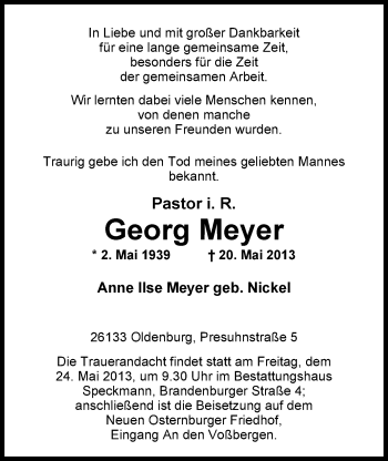 Traueranzeige von Georg Meyer von Nordwest-Zeitung