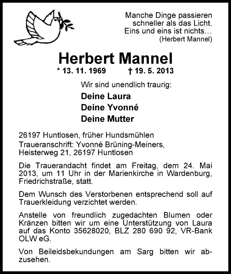  Traueranzeige für Herbert Mannel vom 22.05.2013 aus Nordwest-Zeitung