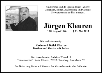 Traueranzeige von Jürgen Kleuren von Nordwest-Zeitung