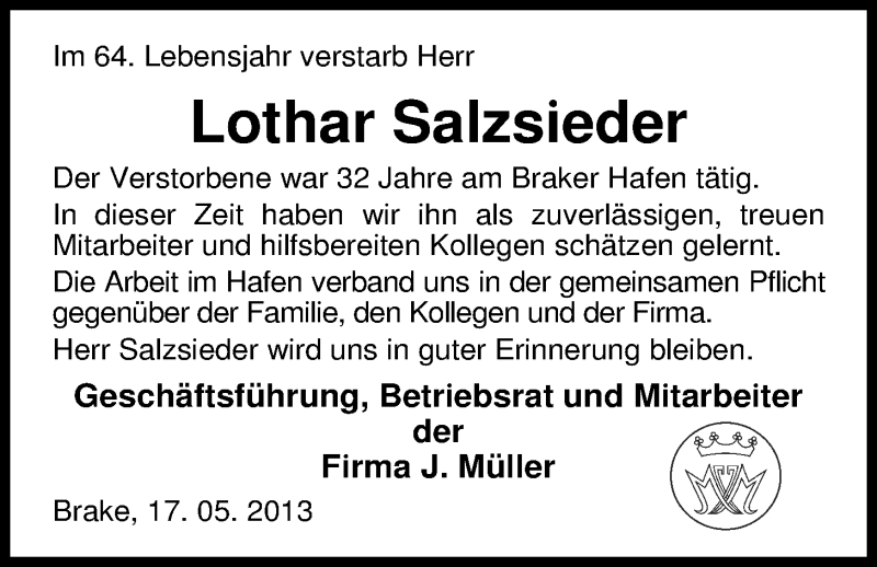  Traueranzeige für Lothar Salzsieder vom 25.05.2013 aus Nordwest-Zeitung