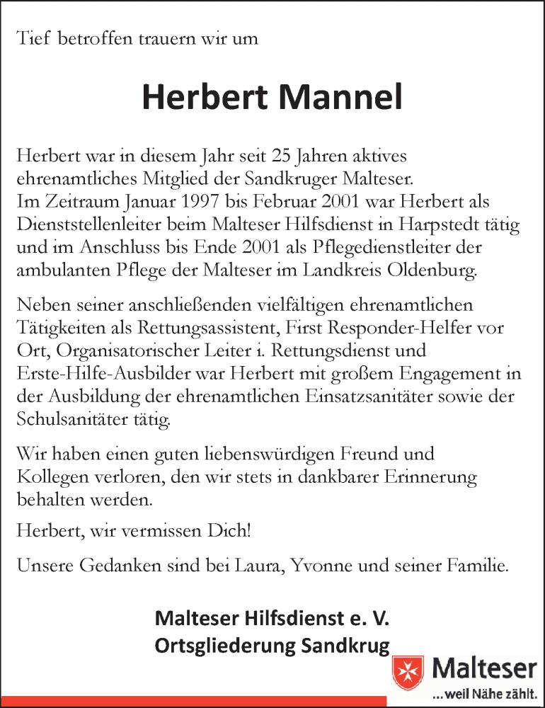  Traueranzeige für Herbert Mannel vom 23.05.2013 aus Nordwest-Zeitung