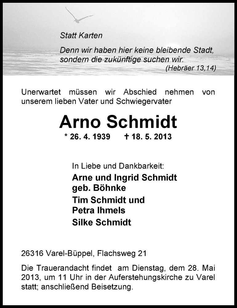  Traueranzeige für Arno Schmidt vom 25.05.2013 aus Nordwest-Zeitung