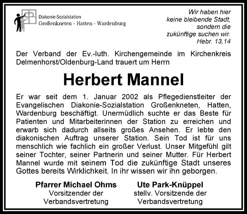  Traueranzeige für Herbert Mannel vom 24.05.2013 aus Nordwest-Zeitung