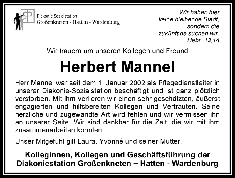  Traueranzeige für Herbert Mannel vom 24.05.2013 aus Nordwest-Zeitung