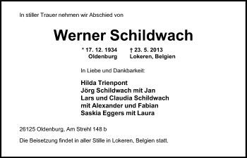 Traueranzeige von Werner Schildwach von Nordwest-Zeitung