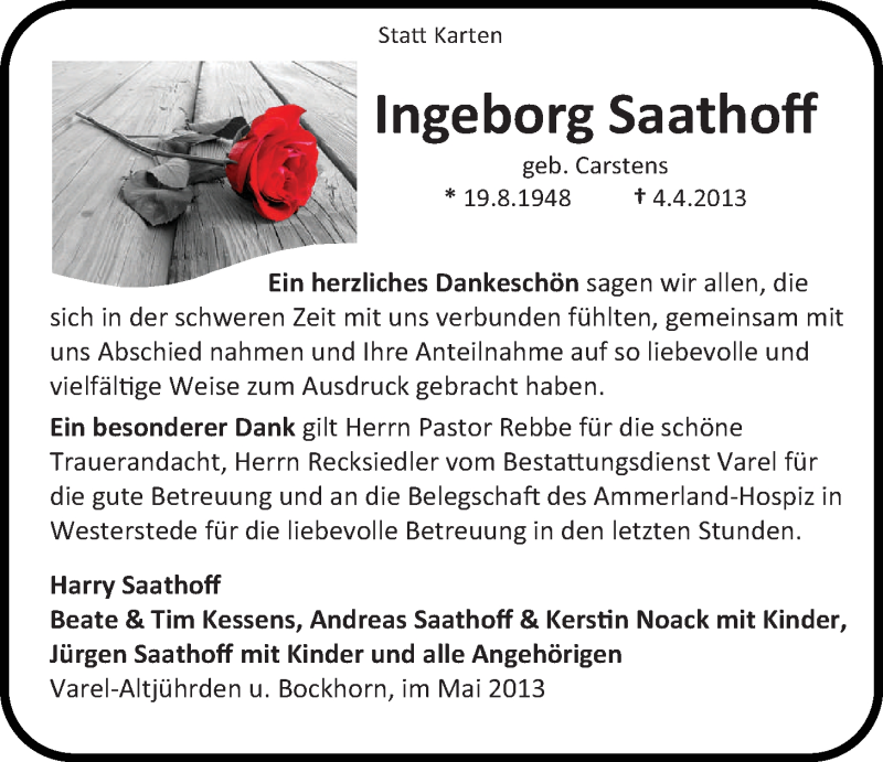  Traueranzeige für Ingeborg Saathoff vom 25.05.2013 aus Nordwest-Zeitung
