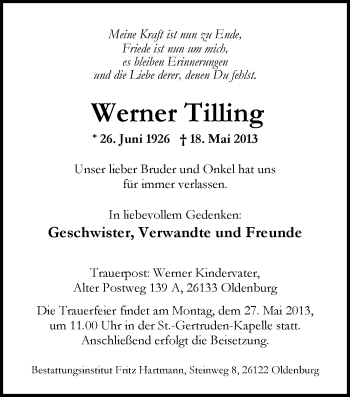 Traueranzeige von Werner Tilling von Nordwest-Zeitung