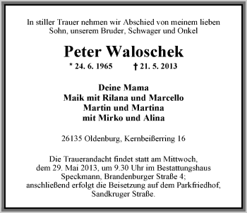 Traueranzeige von Peter Waloschek von Nordwest-Zeitung