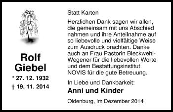 Traueranzeige von Rolf Giebel von Nordwest-Zeitung