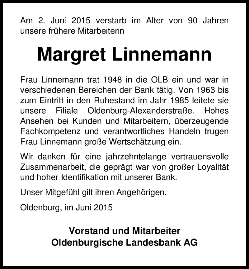  Traueranzeige für Margret Linnemann vom 13.06.2015 aus Nordwest-Zeitung