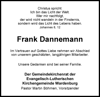 Traueranzeige von Frank Dannemann von Nordwest-Zeitung