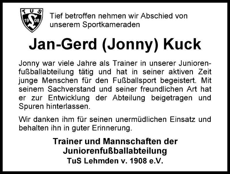  Traueranzeige für Jan-Gerd Kuck vom 06.02.2015 aus Nordwest-Zeitung